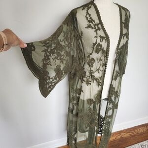 Dizzy Lizzy Embroidered Mesh Kimono Swim Cover-up Cardigan Army Green Sheer S